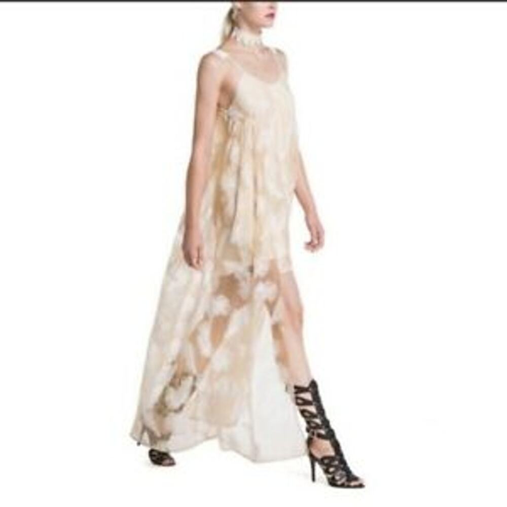 Line & Dot Cream Feather Embroidered High Low Maxi Dress Small Boho Festival